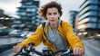 © Maksym - Close-up from front perspective of a woman riding a bike, handlebars in focus, city buildings blurred in motion, casual attire and determined expression, warm urban lighting, cinem