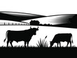 © Ankit - Black and white silhouette of cows grazing in a rural landscape with farmhouse and rolling hills vector illustration for agricultural business branding farming industry organic food packaging dairy pr