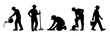 © stas111 - Farmer silhouettes showing gardening and agricultural work actions. Black human figures using tools, watering, planting, and carrying buckets