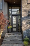The front entrance of a contemporary house features stunning stone walls and an inviting front door, beautifully framed by lush plants on a bright and sunny day