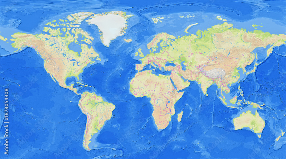 Geography Earth Rivers Map of the earth showing the region with relief representation, rivers ...