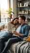 © KomsyahDisplay - Warm, relaxed moment of a couple enjoying a drink together on a cozy living room sofa.