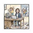 © Indigo DR - Work from home chaos concept with mother trying to work on laptop while naughty children destroy the room behind her