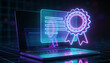 © Art_spiral - Neon holographic certificate seal and digital document interface above laptop for cybersecurity certification and verified credentials on dark futuristic background