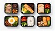 © Kidou Stock - Symmetrical Flat Lay of Healthy Meal Prep Containers with Salmon Steak and Roasted Meat