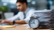 © Kateryna - Clock face obscured by official forms time buried under bureaucracy concept time management delay business process symbol deadlines paperwork administrative burden slow