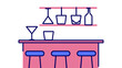 © Gennyson Marinho - A charming minimalist illustration depicts a modern bar counter setup with three stools and hanging cocktail glasses.