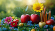 © sommersby - Vibrant natural composition of red apples, colorful flowers, and sharpened pencils resting on lush green grass, bathed in warm sunlight, symbolizing education and nature's bounty.