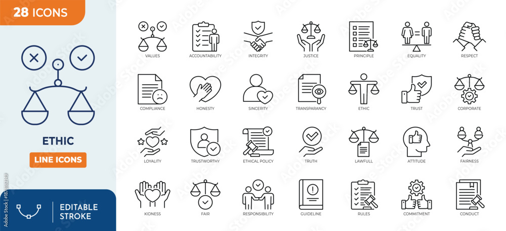 Etic Code Icon Ethic line editable icon set. Containing integrity, trust, values ...