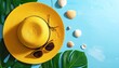 © zahra - Top-down view of a yellow straw hat with sunglasses, seashells, and tropical leaves on a vibrant blue background, evoking a summer vacation.