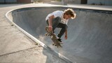 Active teenage skateboarder jumping in a concrete pool at an outdoor skatepark during the day
