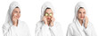 © New Africa - Beautiful woman in bathrobe and towel on her head, white background. Set of portraits