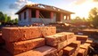 © Dennis - Close-up of stacked red bricks with a house under construction in the background under sunlight