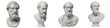 © Rama - Set of four ancient Greek philosopher marble busts isolated on white background - Classical sculpture of Socrates, Plato, and Aristotle style statues
