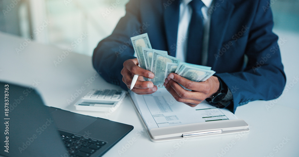 Hands, person and calculate money in office for accounting, audit ...