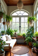 © Nour - bohemian sunroom design, low profile cream sofa, hanging macrame ferns, large arched windows, cinematic 8k
