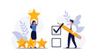© Sarah - Business people rating a service with five stars and checking a box on a list representing customer feedback and satisfaction survey.