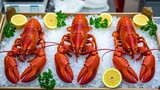 Freshly cooked lobsters, lemons, and parsley arranged on ice