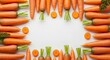 © Dara - A vibrant arrangement of fresh carrots on a white background, showcasing their vibrant orange hue and green tops.