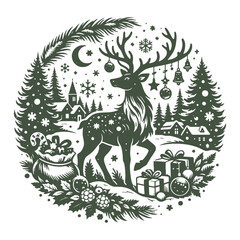  Mystical deer silhouette in enchanted forest at night with moon and stars, detailed hand drawn nature wildlife vector illustration