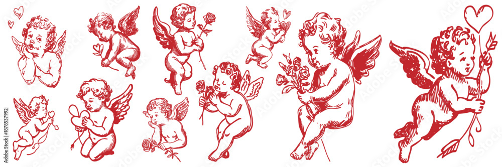 Collection of vintage valentines cupid cherubs in various poses
