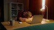 © Татьяна Епанешникова - Exhausted man fell asleep work near laptop. Tired guy nap at home lie on desk. Sleepy male employee. Lazy person sleep night. Online computer freelance overtime job. Late overwork. Heavy schedule.
