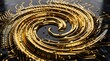 © Volodymyr Shcherbak - Hyper-realistic liquid gold flow shaped like streams of data, swirling in a spiral, macro photography, dark obsidian background, sharp focus on fluid droplets