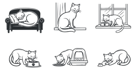  A collection of six cute cat illustrations in black and white line art style, perfect for pet-related designs