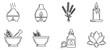 © vadymstock - A collection of aromatherapy icons including oil diffusers, candles, herbs, and essential oil bottles in minimalist black and white vector style, suitable for wellness and spa branding