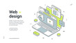 © provectors - Web design and development isometric banner. Vector illustration template with laptop for creating a modern responsive landing page. User interface and creative process concept