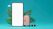 © Philippova - Preparation for travel with a suitcase, sunglasses, and a large phone on a blue background
