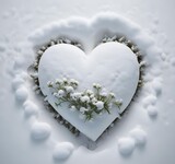 Heart carved in snow with small flowers growing inside, natural light, minimalism, romantic seasonal concept