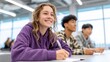 © evgenia_lo - Teen students of different ethnicities sit together at a table. They write in notebooks and share ideas during study time