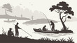 © TShirt Empire - Serene Silhouette of Fishermen Casting Lines from Shore and Boat on Misty Lake for Outdoor Recreation Web Design Background
