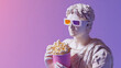 © Monktwins - Marble antique Greek statue wearing modern orange and purple 3D glasses holding popcorn.