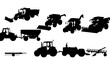 © Waqas - Simple flat black farming machinery illustration with clean edges and minimal details, featuring heavy equipment silhouettes of tractors, plows, and harvesters, set against a pristine isolated white b