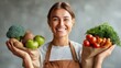 © Yevheniiya - Happy woman showing fresh produce, promoting healthy eating and a balanced diet.
