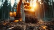 © Larisa AI - An excavator working diligently on a forest site at sunset, symbolizing progress in earthworks, showcasing machinery and nature's beauty in harmony with industrial movement.
