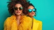 © Larisa AI - Two fashionable women pose confidently, wearing oversized sunglasses and stylish outfits, embodying modern chic style against a vibrant turquoise backdrop.