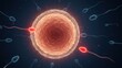 © tonstock - Sperm cells approaching the ovum against a dark background illustrating the process generic fertilization and fertility