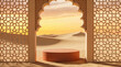 © Erland - Stylized Moroccan archway with a terracotta podium in a desert sunset setting for product placement.