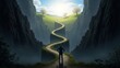 © YuDwi Studio - A solitary figure contemplates the winding path ahead, an illustrative journey through life's challenges and opportunities, leading towards a bright future and a successful destination