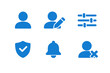 © VectorGomes - User account icon set with profile, settings and privacy actions. Monocromatic flat vector icons for apps, UI dashboards and account management interfaces.