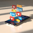 © azka - Smartphone Displaying Floating Likes, Comments and Star Ratings — Social Media Engagement, App Notifications and Mobile Influencer Metrics Concept