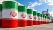 © Zaini - Rows of Iranian oil barrels painted with national colors and emblem outside industrial building.
