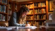 © mila103 - A student sits at a wooden table in a library. She writes notes with a blue pen focused on her studies. Books line the shelves behind her creating an educational atmosphere.