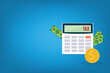 © madedee - Calculator with money concept income tax calculation. Calculating income tax payment, business, finance and investment concept
