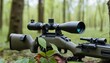 © Khaisan - Sniper rifle with scope rests on a branch in dense forest, optical precision. Stealthy armament in natural habitat, hunting equipment, woodland ambush