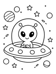  Friendly Extraterrestrial Explorer: An endearing depiction of an extraterrestrial figure piloting a spaceship through the celestial expanse. This illustration radiates whimsy and wonder.