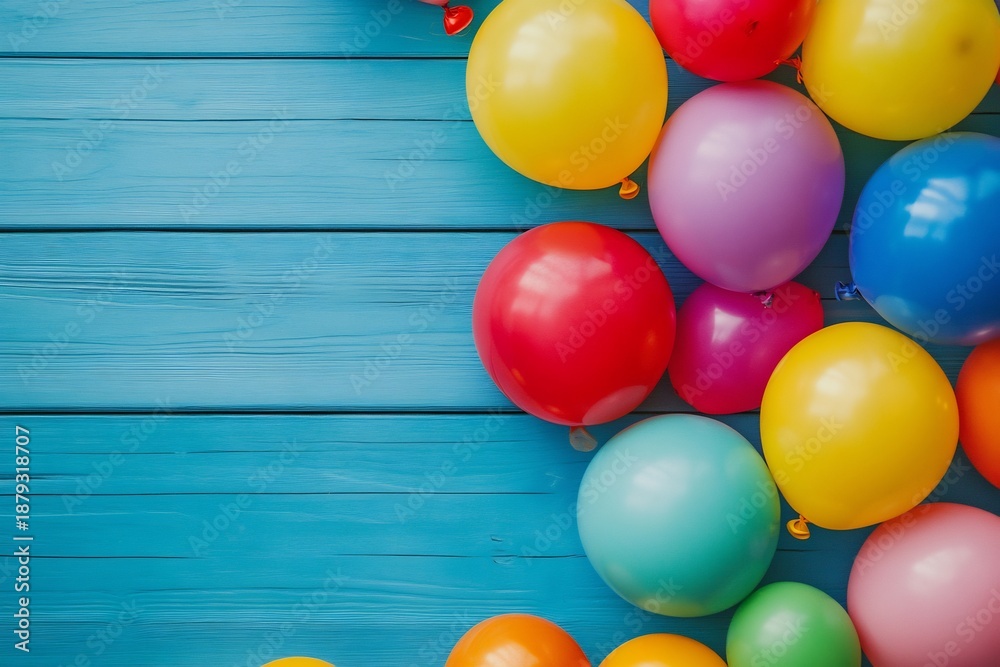 Colorful balloons on blue wood background perfect for birthday party or celebration Vibrant joyful image with happy mood